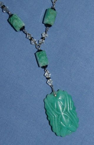 Czech Antique Art Deco Glass Bead Necklace - Carved Jadeite - Neiger Bros