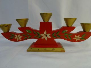 Vtg Swedish Red Wood Candelabra Candle Holder Hand Painted Folk Art Christmas