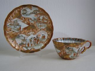 Antique Japanese Kutani Eggshell Porcelain Scalloped Handpainted Cup & Saucer 3