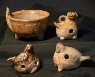 3 Chinese Tang Dynasty Changsha Glazed Pottery Bird Dog Toy Whistles & Oil Lamp
