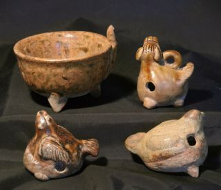 3 Chinese TANG Dynasty Changsha Glazed Pottery Bird Dog Toy Whistles & Oil Lamp 2