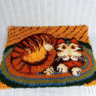 Vintage Cozy Cat Latch Hook Rug Wall Hanging Completed Curled Up Orange Tabby