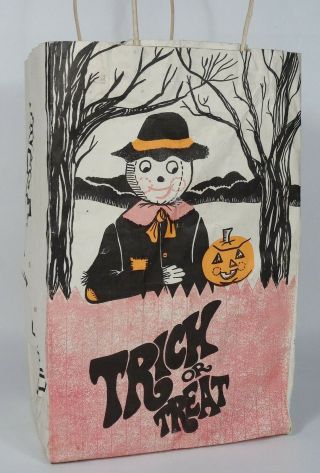 Vintage 1960s - 70s Halloween Paper Trick Or Treat Candy Bag,  Scarecrow,  Pumpkin