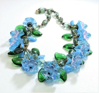 Vintage Blue Pink Flowers Green Leaves Lampwork Art Glass Bead Necklace De1903