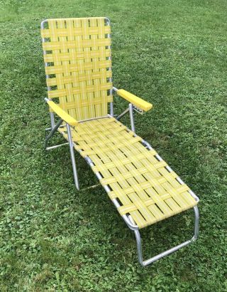 Vintage Aluminum Frame Lounge Reclining Folding Lawn Chair Yellow Webbing