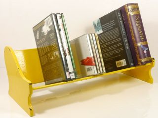 Vintage Painted Yellow Wood Book Shelf Trough Cd Dvd Stand Table Desk Top Chippy