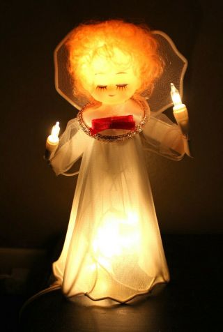 Vtg Retro Mcm Lighted Christmas Tree Topper Angel Doll Curly Hair 8 " White Dress