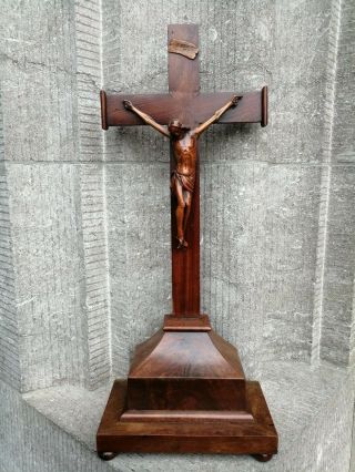 Antique Chapel Altar Standing Wood Cross Crucifix Fine Hand Carved Jesus Corpus