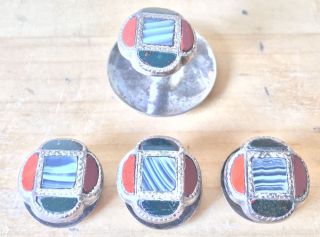 Set Of 4 Antique Victorian Solid Silver & Scottish Pebble Agate Cufflink Studs