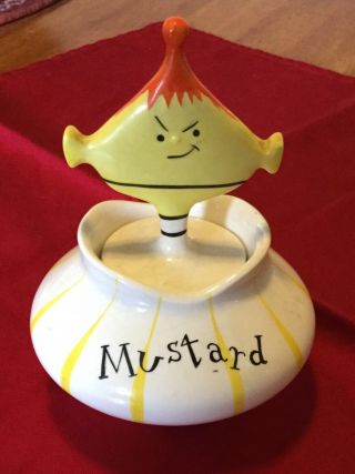 Vintage 1958 Holt Howard Pixieware Ceramic Mustard And Ketchup Jar & Spoon