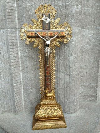 Antique Standing Gild Wood Filigree Cross Crucifix Metal Jesus Corpus Holy Lamb