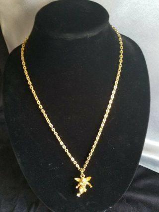 Vintage Gold Tone Chain Necklace W/angel - Cherub Pendant 24 " Long