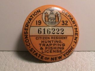 1932 State Of York Resident Gun Hunting Trapping Fishing License Pin Pinback