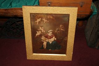 Antique Religious Christianity Colored Print - Woman Holding Cherubs - Gilded Frame