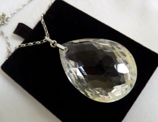 Antique Sterling Silver Large Rock Crystal Pear Shape Pendant Necklace