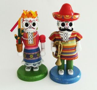 Vtg.  (2) Halloween Nutcrackers Day Of The Dead Mexican Man & Woman 7 " Tall 2014