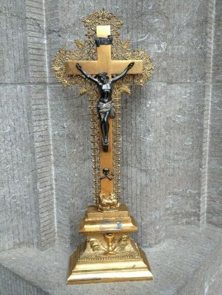 Antique Altar Standing Gild Wood Filigree Cross Crucifix Metal Jesus Corpus