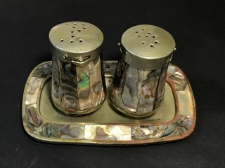 Vintage Mexico Alpaca Silver & Abalone Shell Salt & Pepper Shakers With Tray