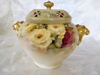 Antique Limoge Hand Painted Roses Potpourri / Incense Pot