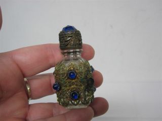 Antique Czech Jeweled & Filigree 2 1/4 " Miniature Perfume Bottle W Glass Dauber