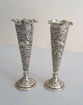Pretty Pair Indian Antique Solid Silver Posy / Spill Vases.  116gms.  C.  1900.