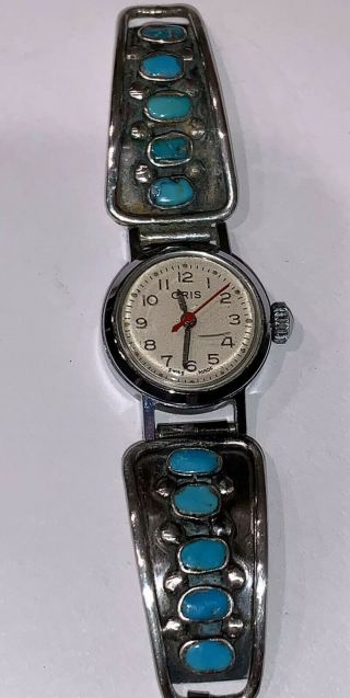 Vintage Sterling Silver & Turquoise Ladies Navajo Watch Band W Oris Watch