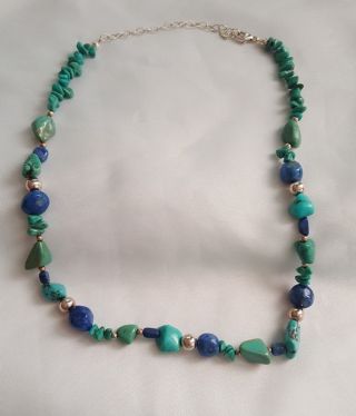 Vintage Sterling Silver,  Turquoise,  And Lapis Lazuli 17 - 20” Beaded Necklace