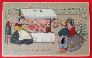 Vintage Hold - To - Light Christmas Postcard - Children Visiting A Sweets Stand - Cute