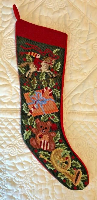 Vintage Needlepoint Christmas Holiday Stocking Teddy Bear & Rocking Horse