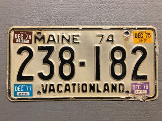 Vintage 1974 Maine License Plate Vacationland White/black 238 - 182 1975 - 76 - 77 - 78