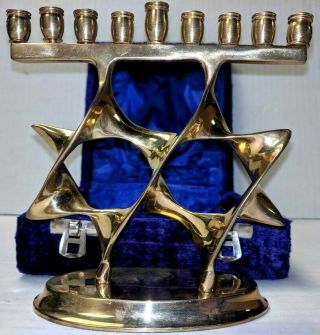 Vtg Brass Jewish Menorah Candle Holder Star Of David Judaica Judaism W/ Case Box