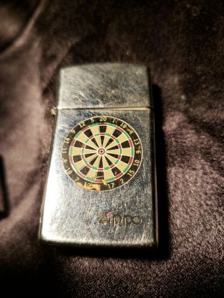 Vintage Zippo Slim Cigarette Lighter W/ Dartboard Darts Game 1980 - 2011