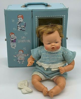 Ideal 1961 Vintage Tiny Thumbelina Doll 19 " W/wooden Knob & Rare Baby Blue Case