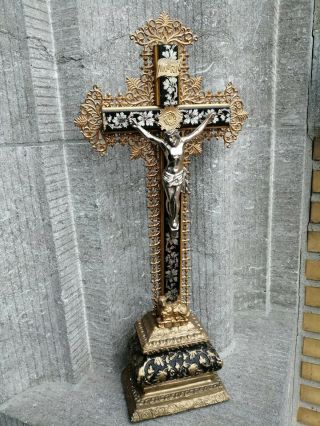 Antique Altar Standing Gild Wood Filigree Cross Crucifix Metal Jesus Holy Lamb -