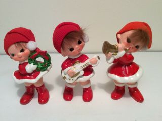 Vtg 3 Girl Christmas Caroler Figurines Real Hair Stocking Hat Red Dress Japan