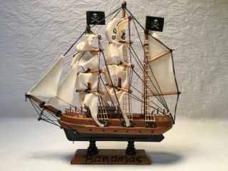 Vintage Souvenir Bahamas Wooden Model Clipper Pirate Ship On Base Nautical Decor