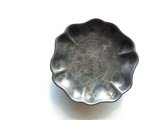 Antique Chinese Silver Dish Flower Shape Etched With Peony And Birds