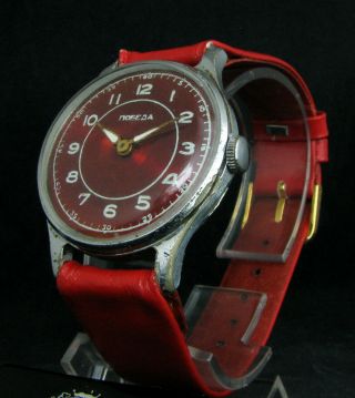 Victory POBEDA Vintage 1957 Soviet Post - WWII Deco Red Wristwatch Anti - shock 2