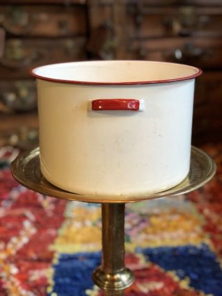 Vintage 1950 White Enamel Stock Pot With Red Rim Old Enamelware French Farmhouse