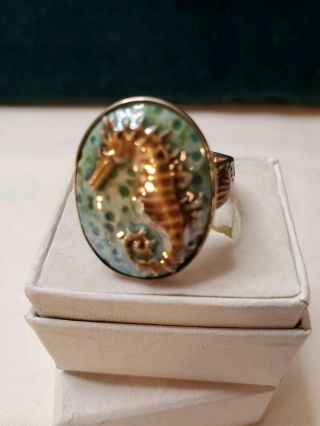 Vintage Amy Khan Russell Akr 925 China Sterling Silver Seahorse Ring Aqua