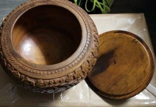 Vintage Large Round Hand Carved Wood Box India With Lid