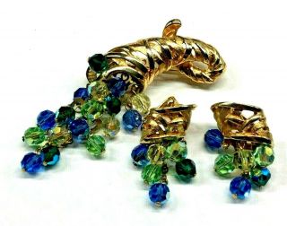 Vintage Estate Blue Green Ab Crystal Cornucopia Brooch Earrings