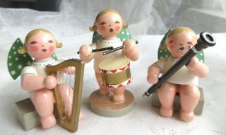 3pc Erzgebirge Angel Band Vintage Painted Wood Figurine Set Bassoon Harp Drum