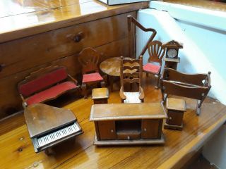 Vintage Miniature Wooden Dollhouse Furniture Handcrafted 12 Piece