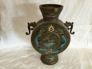 Antique Chinese Champleve Enamel Bronze Pilgrim Flask Vase Qing 19thc 12.  5”