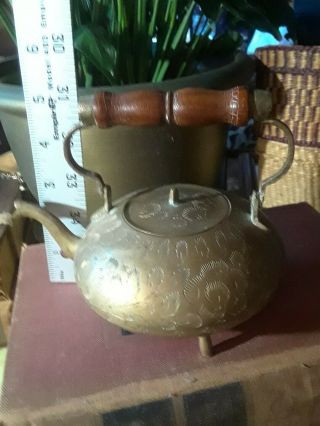Vintage Brass Tea Pot 5 " Tall Etched Footed Made In India One Cup Capacity