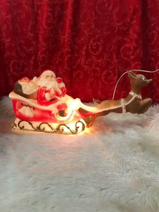 Old Vintage Santa And Reindeer Plastic Blow Mold Christmas Light Decoration