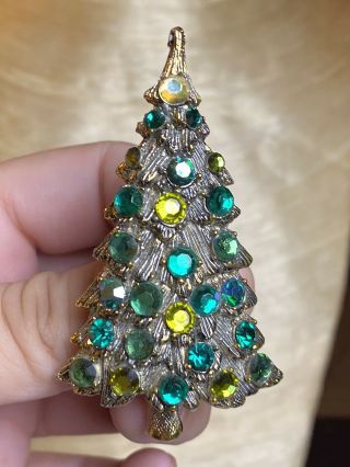 Vtg Austrian Crystal Christmas Tree Rhinestone Gold Brooch Pin Sparkly Flashy