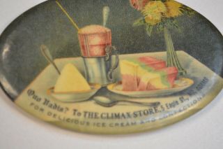 To The Climax Store For Delicious Ice Cream Antique Advertising Pocket Mirror -