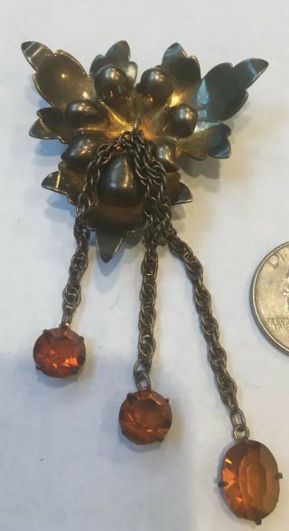 Vintage Sterling Silver Flower With Three Hanging Orange Stones Pin Brooch